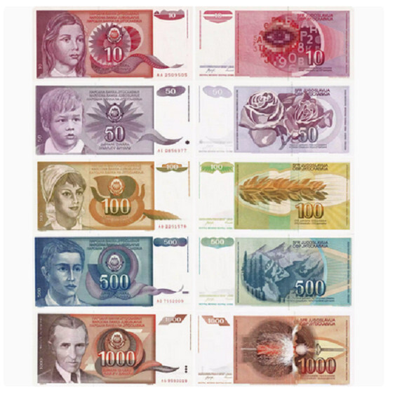 Yugoslavia 5 Pc Set 10 50 100 500 1000 Dinara P 103 104 105 106 107 UNC Banknote