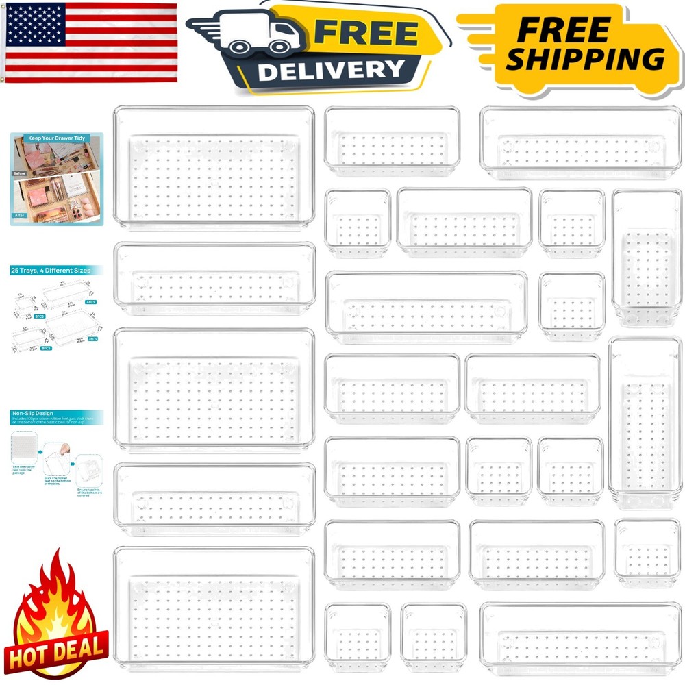 25 PCS Clear Plastic Drawer Organizers Set - Versatile & Stackable Storage