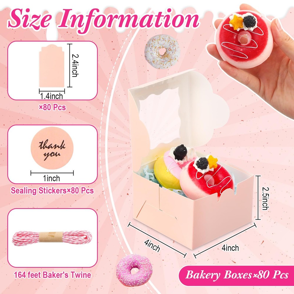 80 Pcs 4x4x2.5 Inche Cookie Boxes with Window Bakery Boxes Small Pastry Treat...