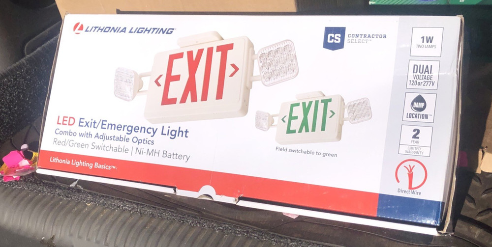 LITHONIA LED EXIT & EMERGENCY LIGHT SIGN COMBO ADJUSTABLE OPTICS RED/GREEN NEW