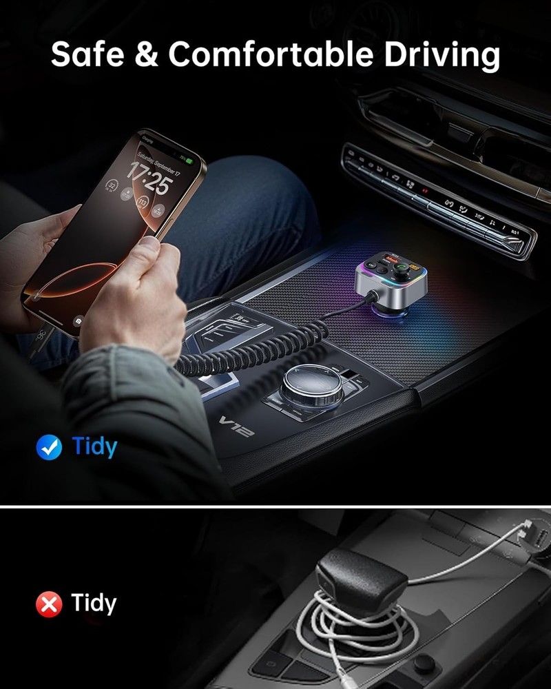 Syncwire Bluetooth 5.4 FM Transmitter Car Adapter 66W PD & QC 3.0 Fast Chargi…