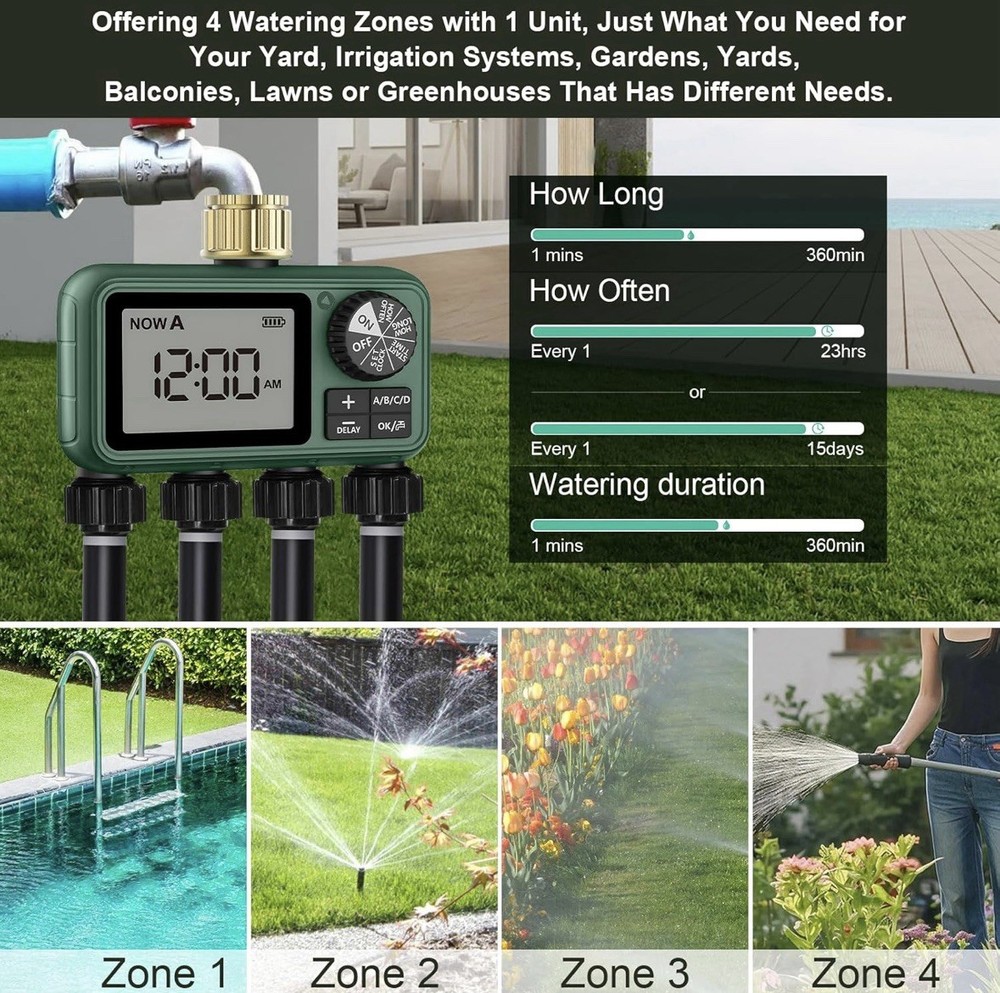 4 Outlet Sprinkler Timer Brass, Programmable Garden Hose Timer with Rain Delay,