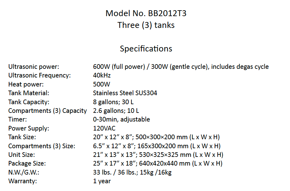BB 2012T3 ultrasonic cleaning unit (3 tank)
