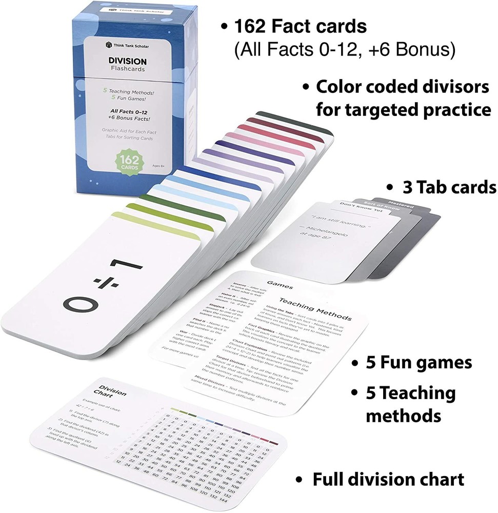 Think Tank Scholar 162 Division Flash Cards | All Facts 0-12 Color Coded |