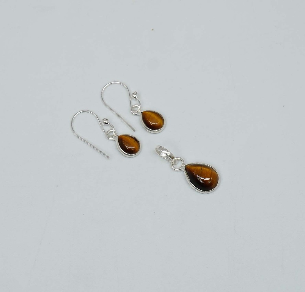 925 Solid Sterling Silver Tiger Eye Hook Earring Pendant Set