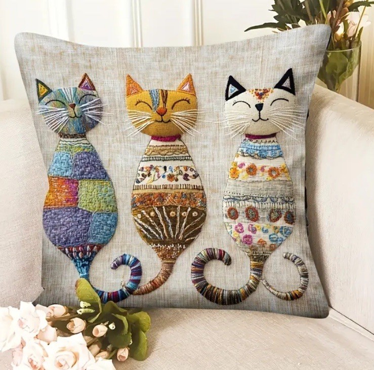 SET OF 2 - 18” 3 SOFT Cat Trio Pillowcase Farmhouse Sofa Pillow Beige Cats