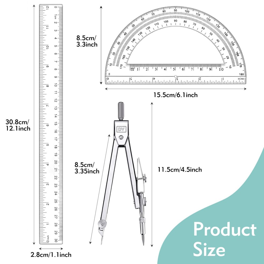 3 PCS Geometry Set 12 Inch Ruler Clear Protractor Compass Drawing Measuring