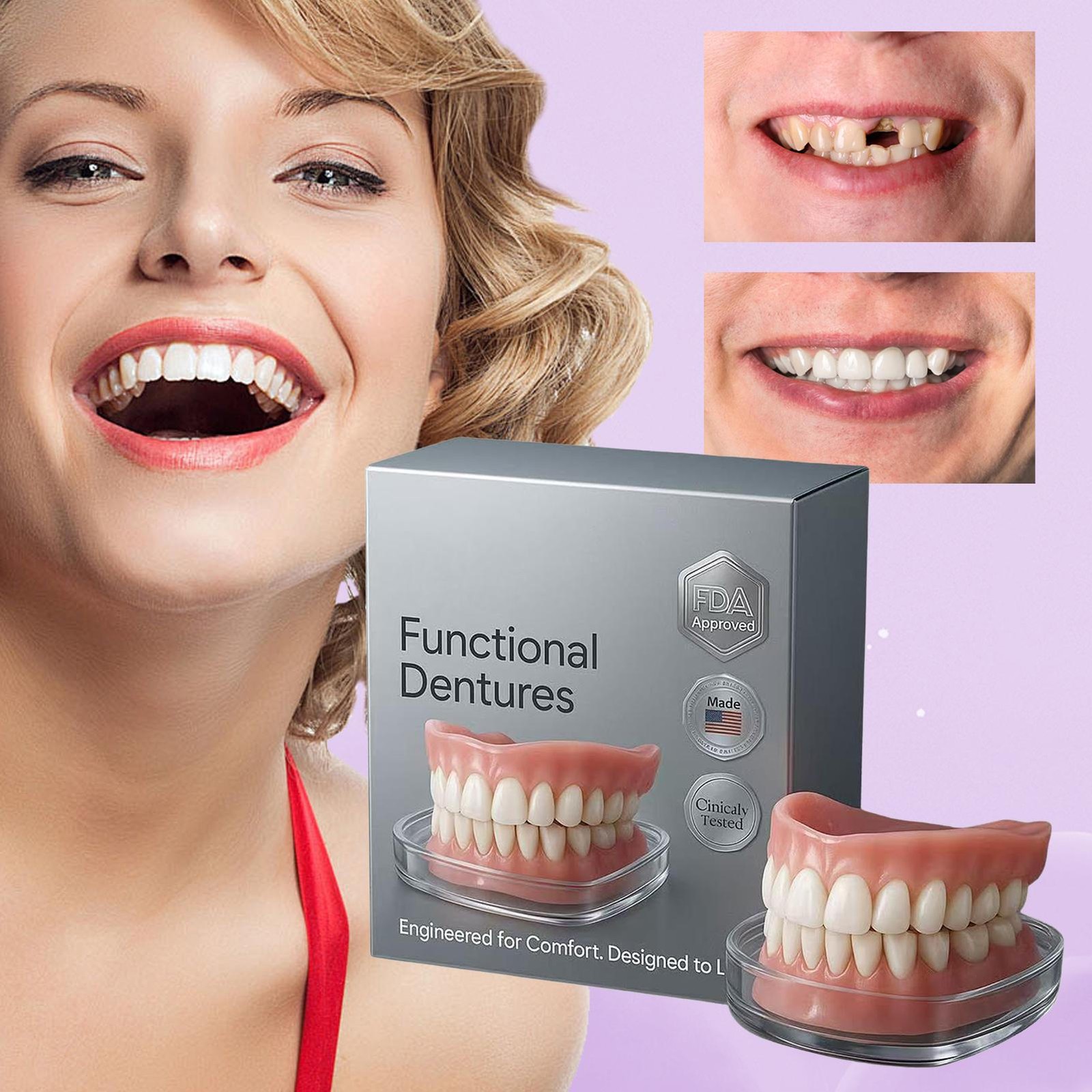 False Teeth, Dentures For Women And Men, Upper And Lower Silicone Denture Set