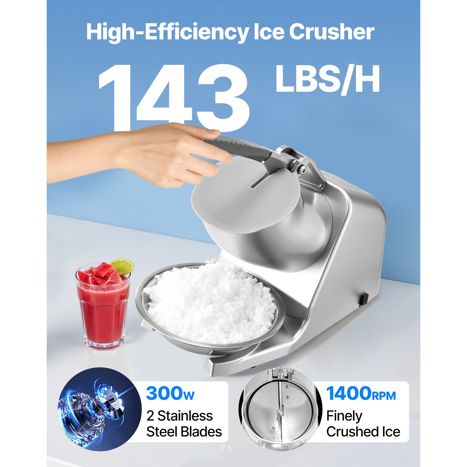 Uimoso Electric Ice Crusher Machine 143LBS/H for Shaved Ice and Snow Cones