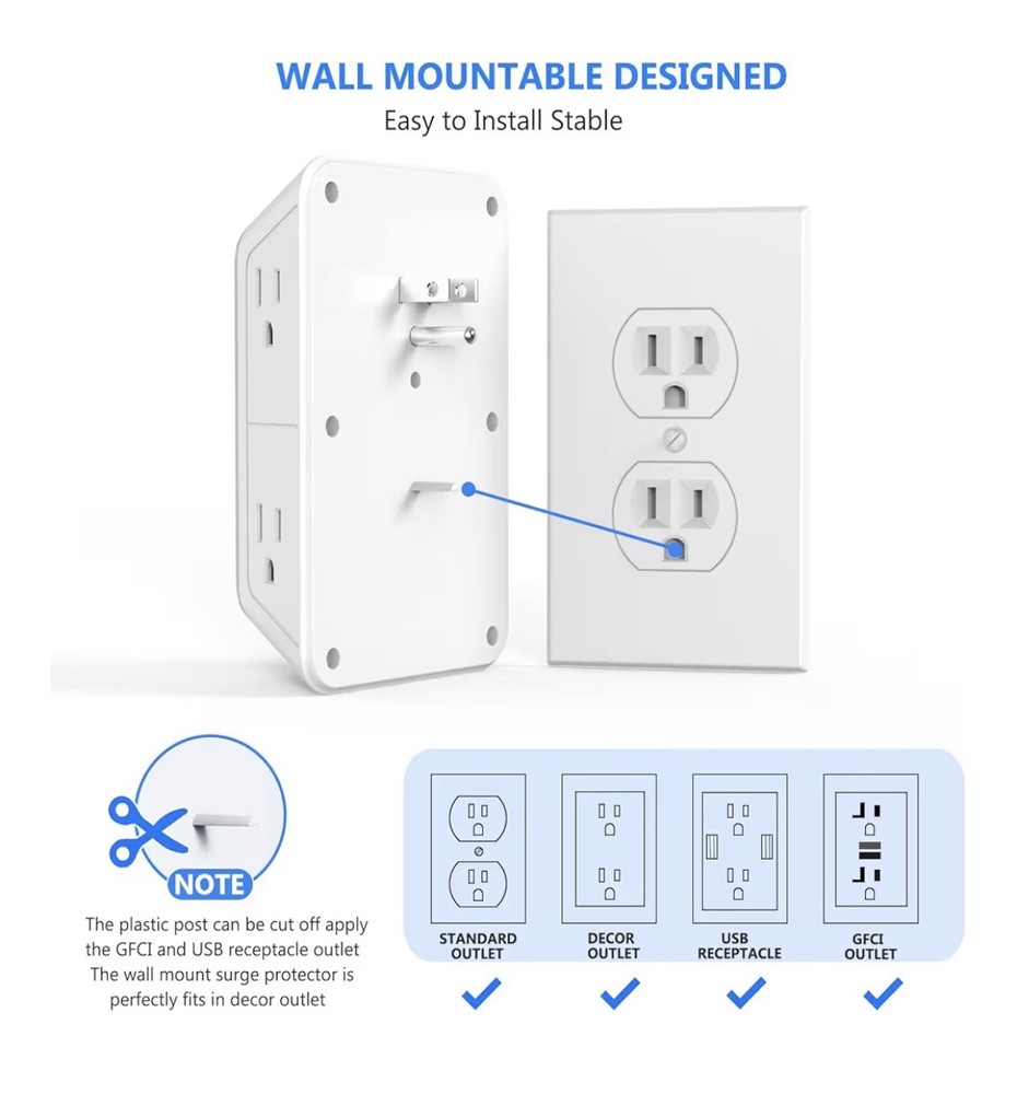 US Multi Socket Wall 6 AC Outlets 4 USB Port, 2 Type C Universal Plug Charger