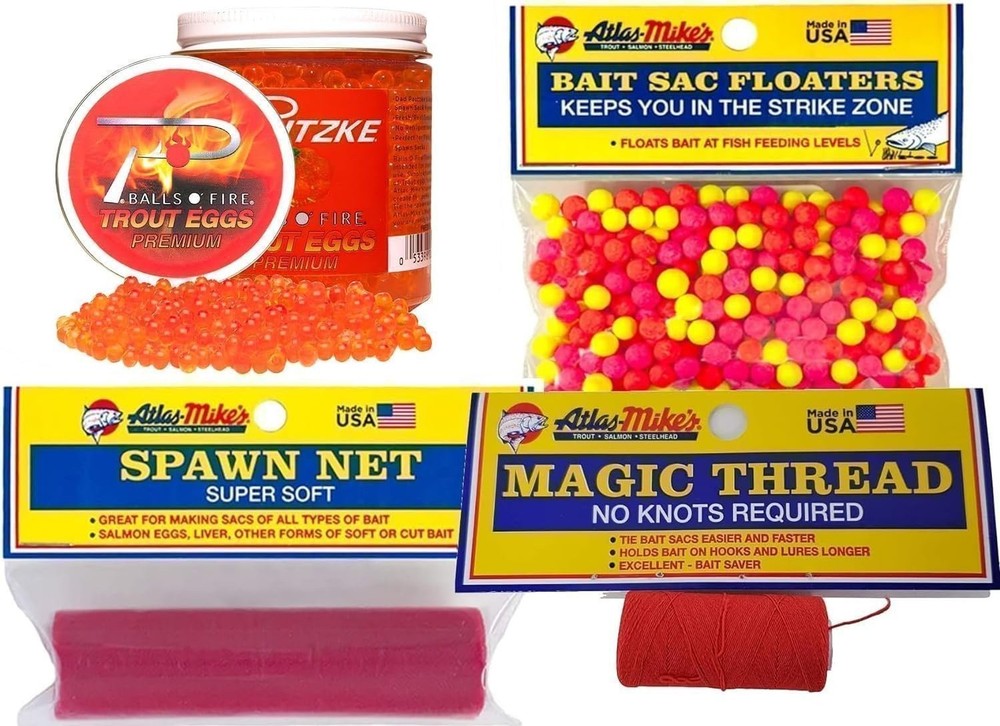 Lurwind Salmon Trout Spawn Sac Kit Bundle, Magic Thread, Floaters, 4-Piece