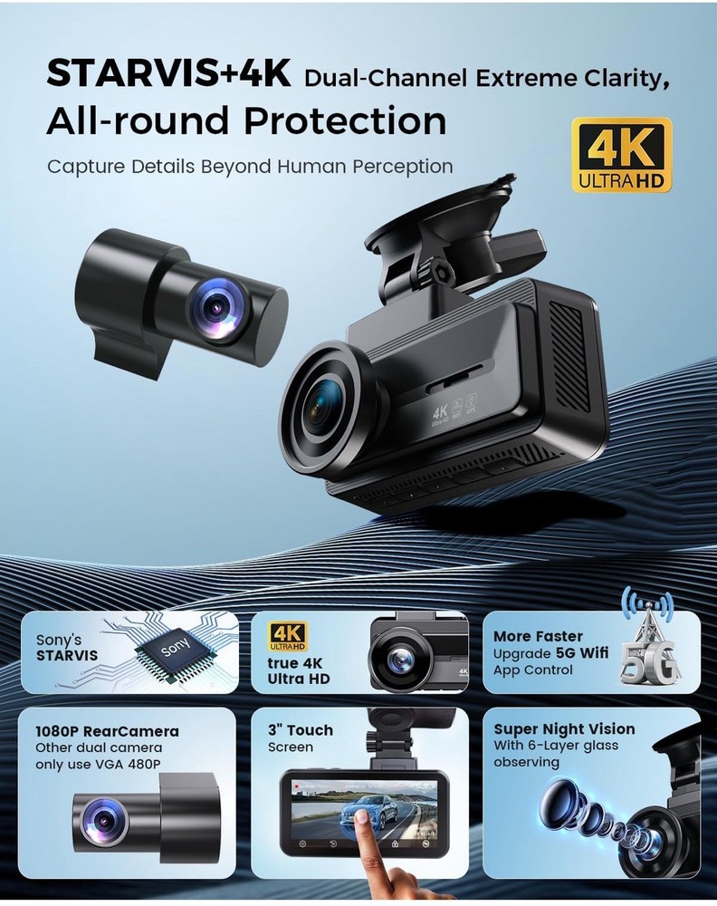 Dash Cam Front and Rear Camera: Touch Screen 4k Car Camera with STARVIS Sensor..