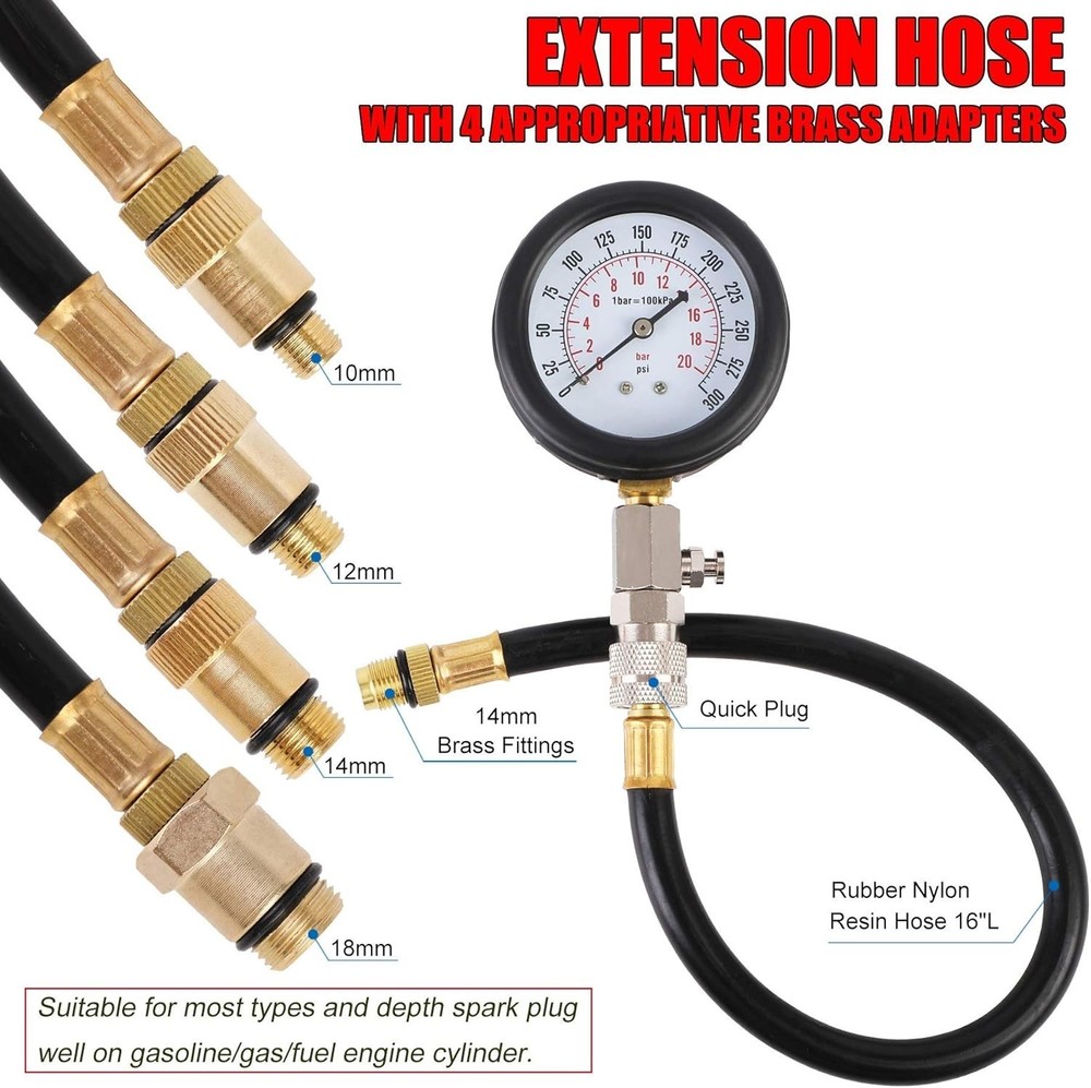 Professional Engine Compression Tester Gauge Kit with Universal Adapters - 9PCS