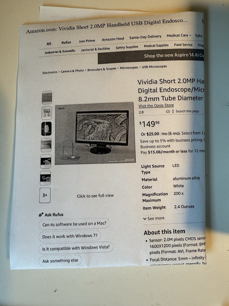 Vividia 2.0MP Handheld USB Digital Endoscope/Microscope Model: eheV2-USB-S