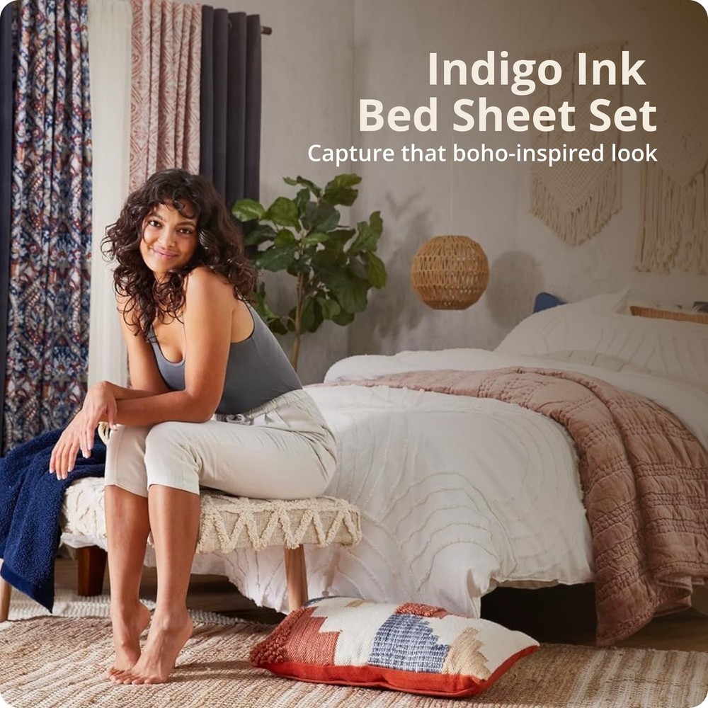 Indigo Ink - Full Size Sheet Set, 4-Piece Boho Medallion Patterned Bedding, S...