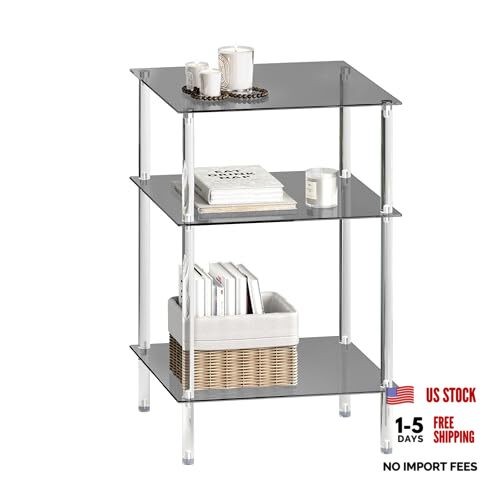 Tempered Glass Side Table, Acrylic End Table, 3 tier High Black and Transparent
