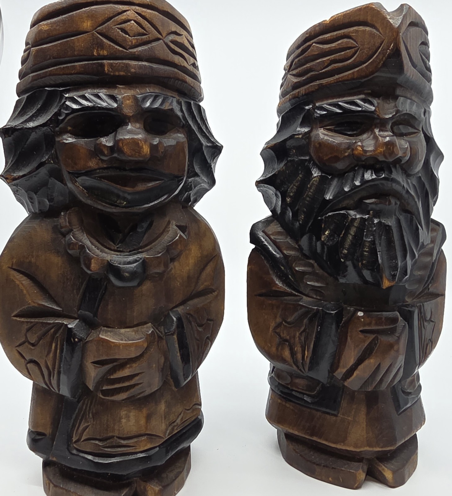 Pair Of Vintage Japanese Hokkaido Ainu Nipopo Hand Carved Wooden Statues 9"