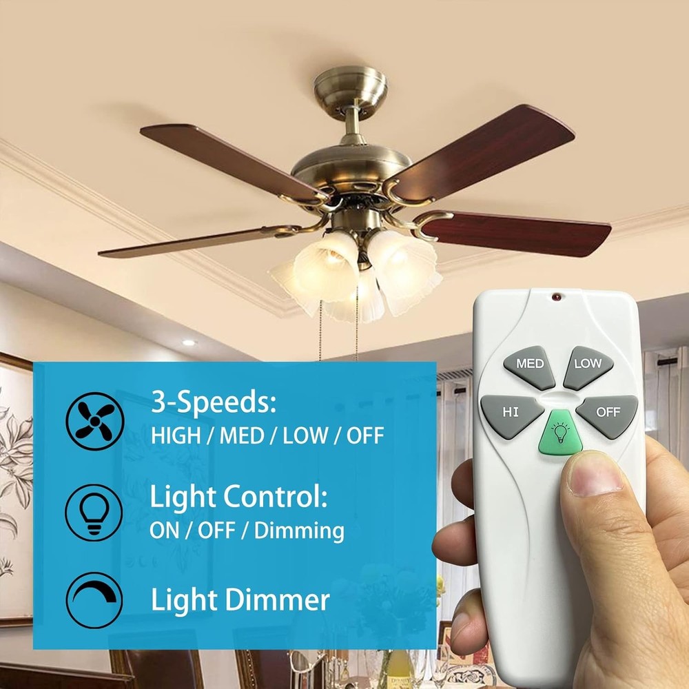 Universal Ceiling Fan Remote Control Kit, 3 Fan Speeds and Light Dimmer