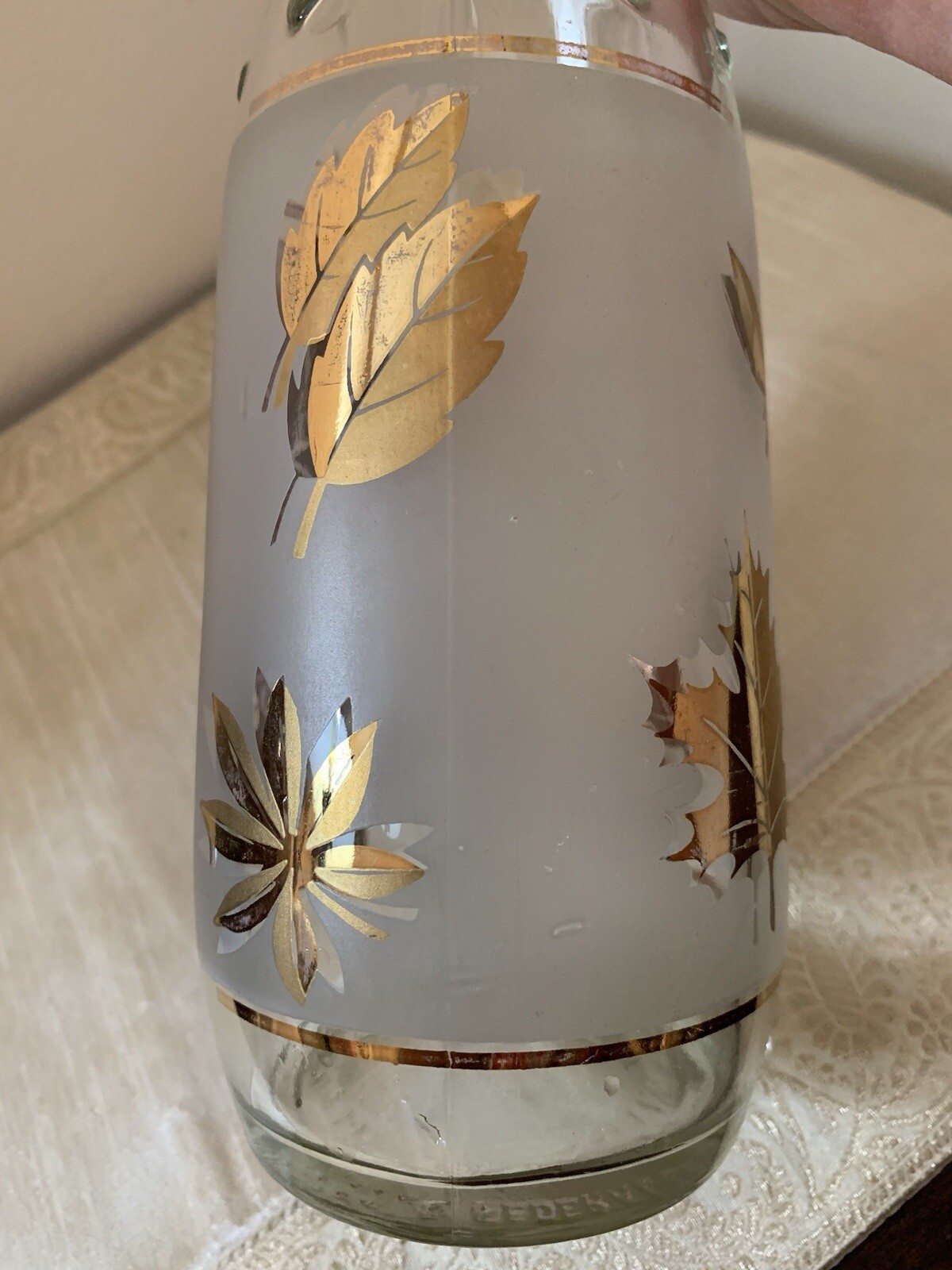 Vintage Libbey Frosted White with Gold Leaves Bottle/Decanter 12” Tall 3” High