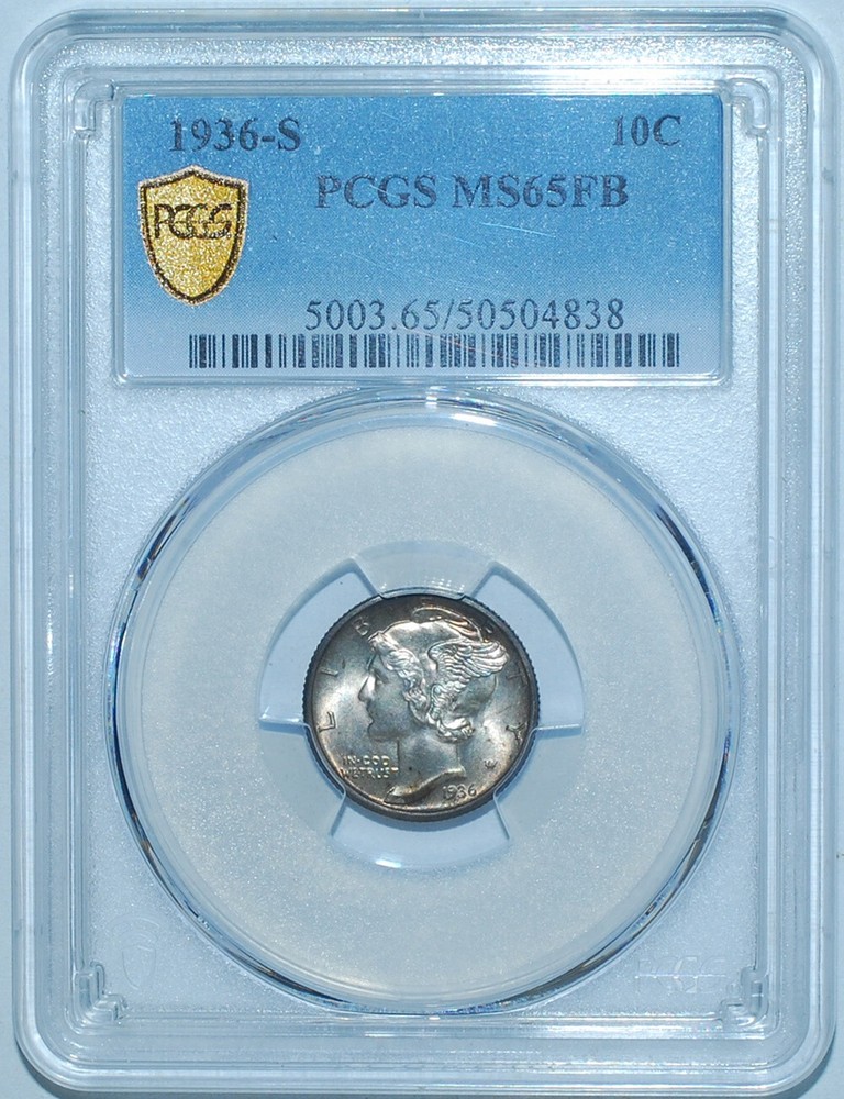 1936 S PCGS MS65FB Full Bands Mercury Dime