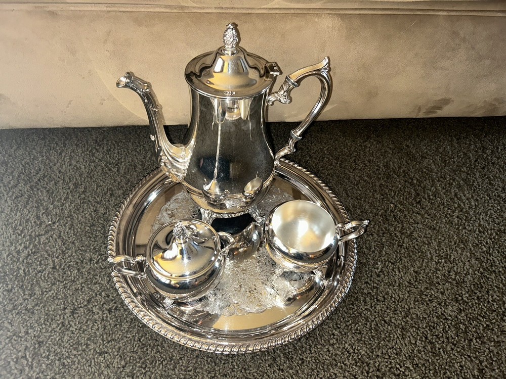Vtg WM Rogers Silverplate Silver Plate Coffee Teapot Tray Creamer Sugar Set 4pc