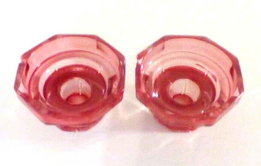 Candle Holders Red Glass Hexagon Shaped Pair 5"