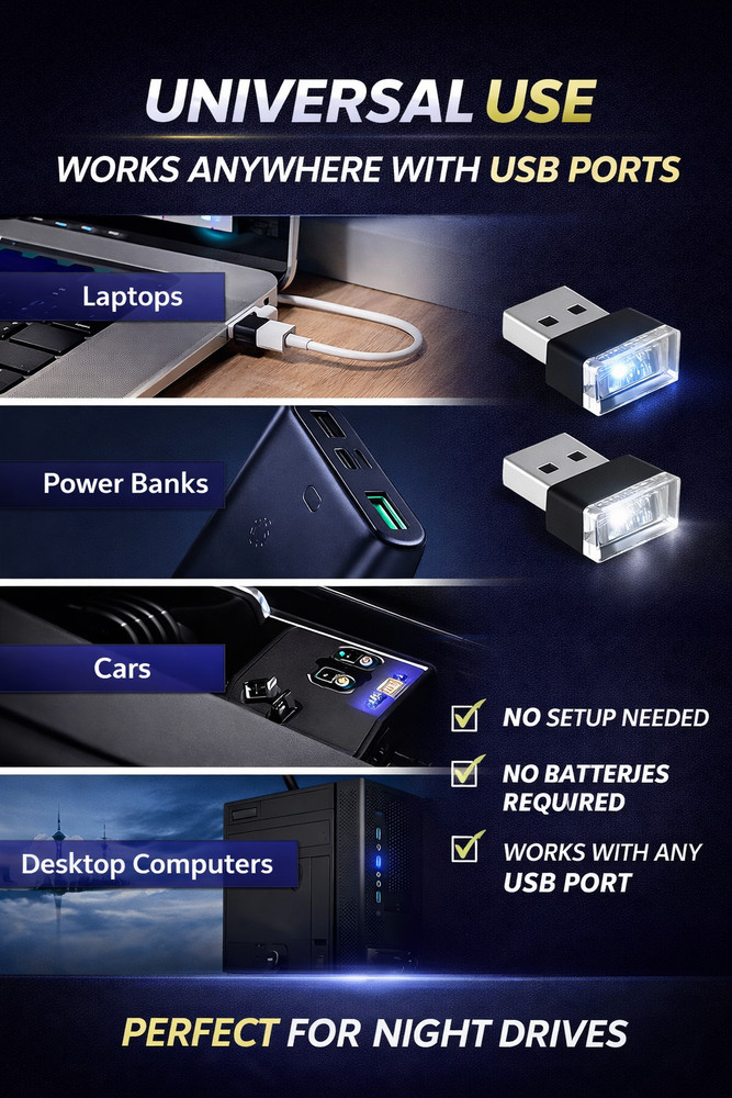 USB Car LED Lights Interior Ambient Mini Plug Play 5 Color Pack Universal