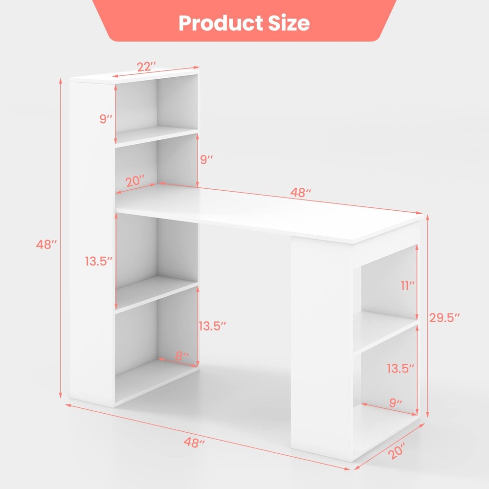 White Computer Desk with 6-Tier Storage Shelves Reversible Study Table CPU Stand