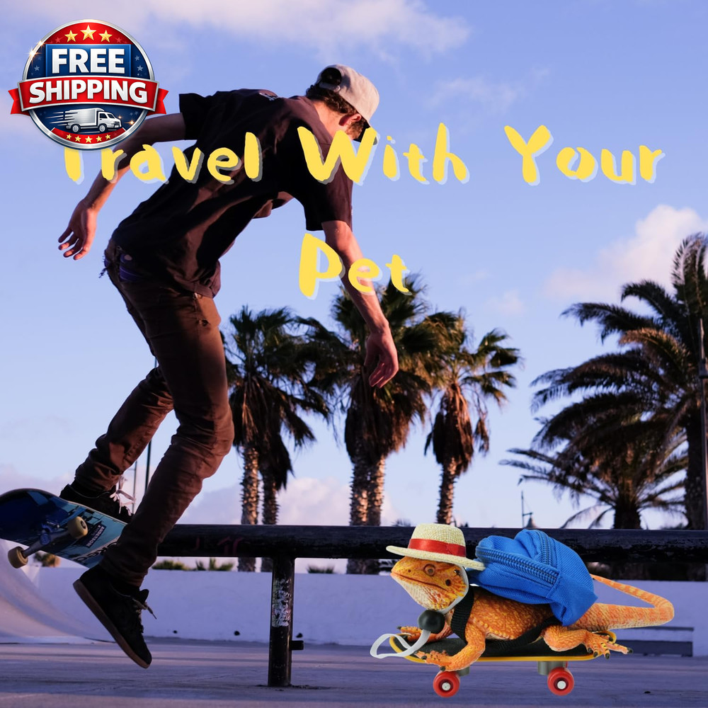 3 Pack Lizard Accessories: Backpack, Hat & Skateboard for Small Pets