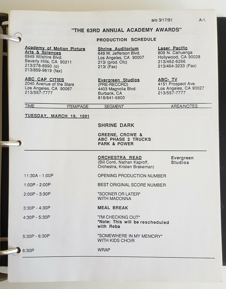 63rd. Academy Awards Final Draft Original TV Script and Program.