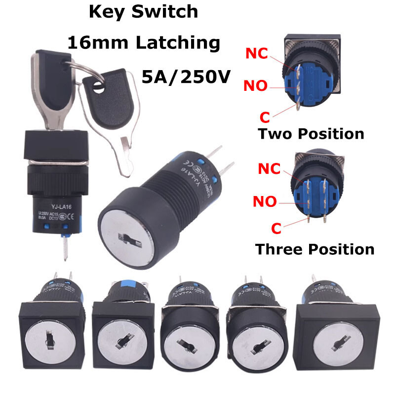 LA16 Key Switch 2/3 Position Latching Round/Square/Rectangular Lock+Keys