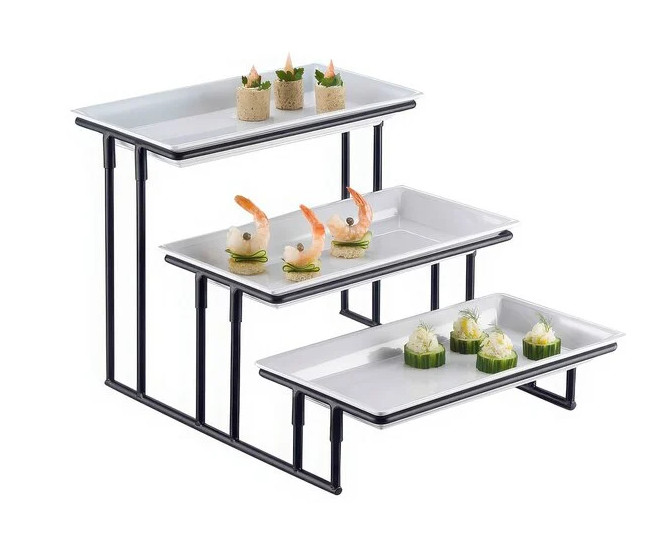 American Metalcraft ISP18 3-Tier Black Rectangular Fixed Riser Stand w 4 Platter
