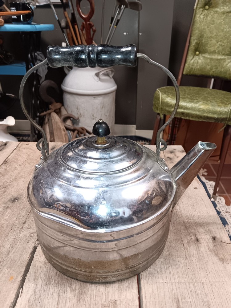Vintage Silver-Tone Teakettle with Black Handle Farmhouse Kitchen Decor