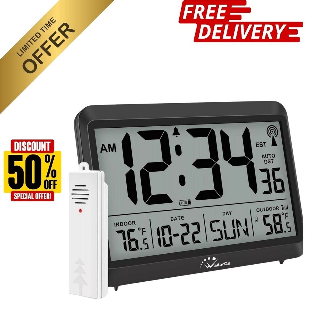 Atomic Clock With Indoor Outdoor Temperature, Self-setting Digital Wall