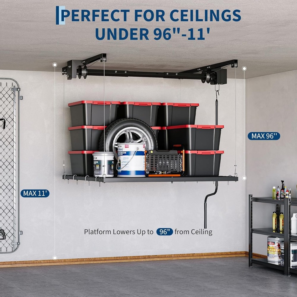 Adjustable 4x4 ft Ceiling Storage Rack Overhead Garage Rack 250 Lb Capacity