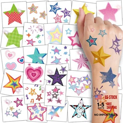 Glitter Stars Temporary Tattoos for Kids - 74 Individually Sheets | Waterproof