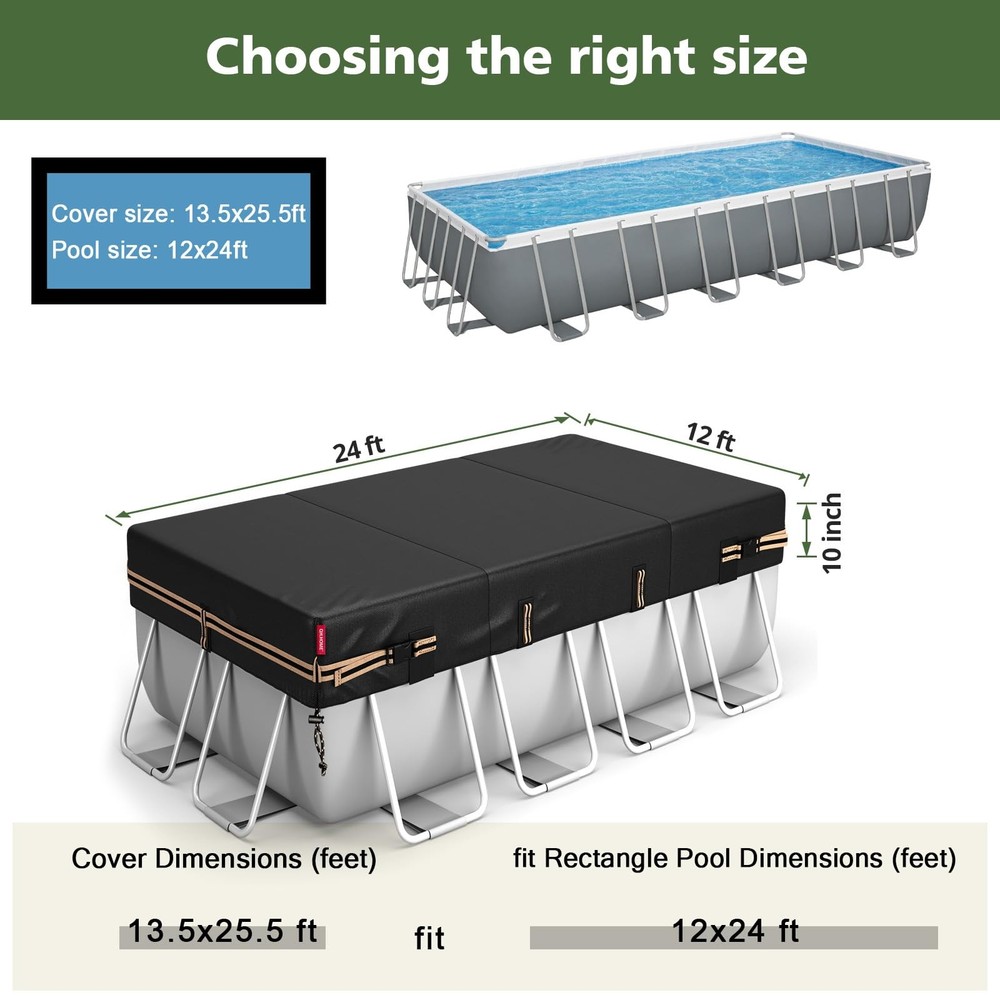 12x24 Ft Rectangular Pool Cover for Bestway/Intex/Coleman Frame Rectangular P...