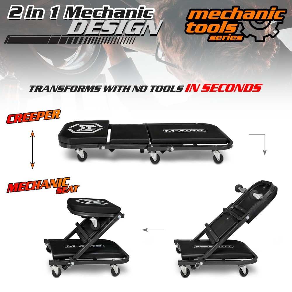 Foldable 2in1 Rolling Car Creeper & Seat, 36" Adjustable, 330LBS Capacity