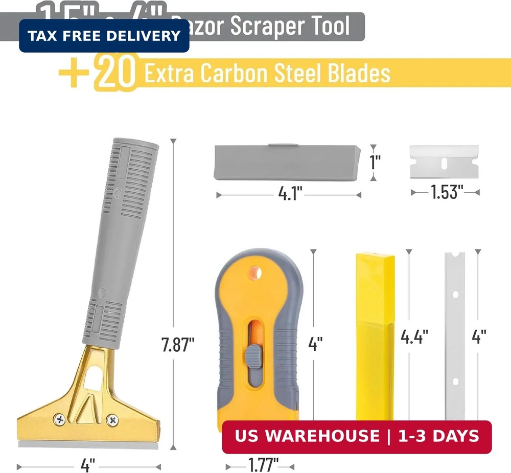 Bates- Razor Blade Scraper Set, 2 Pack, 1.5" & 4" Razor Scraper Tool with 20 Ext