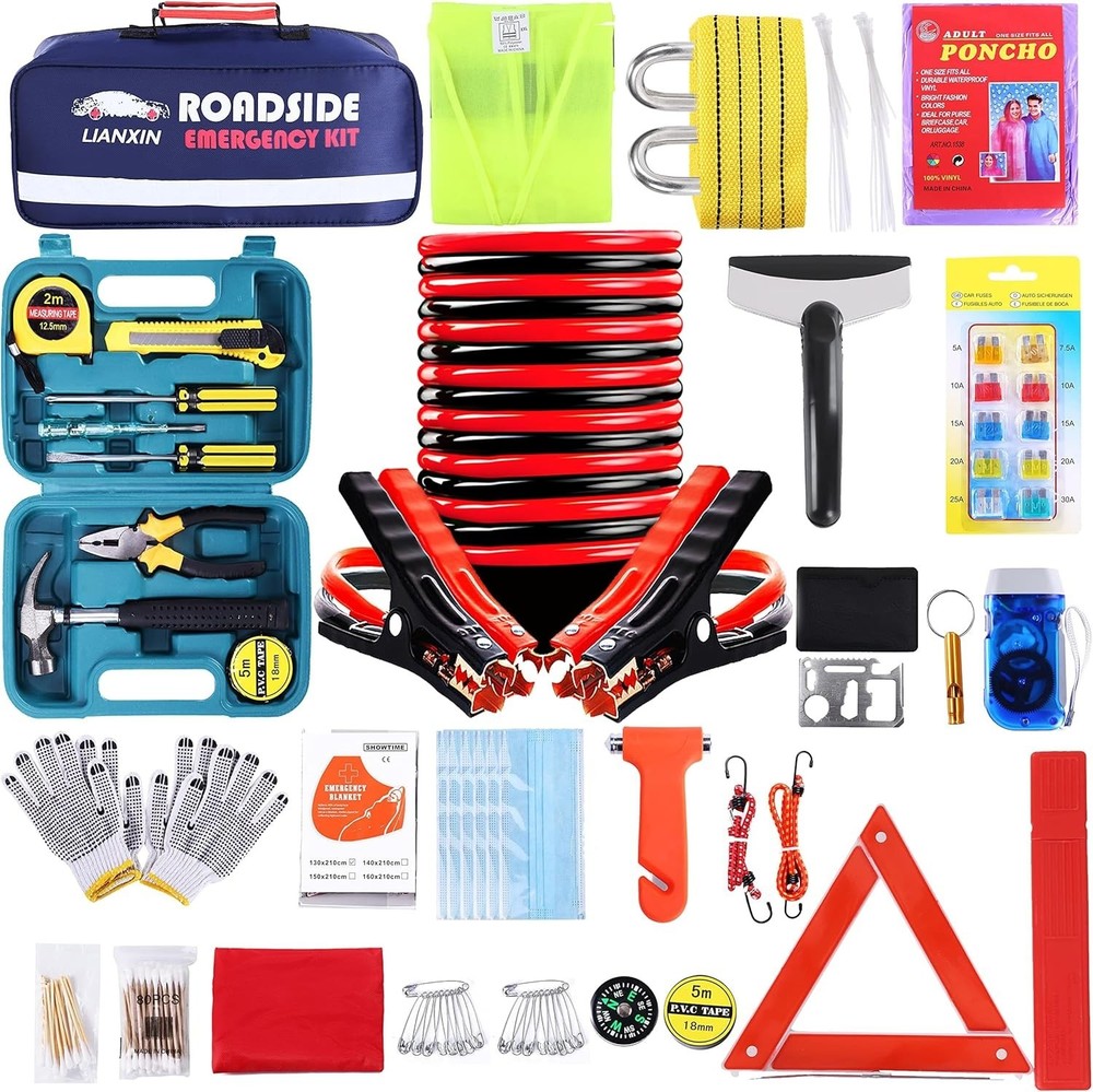 Car Roadside Emergency Tool Kit with Jumper Cable, Tow Strap, Warning Triangle
