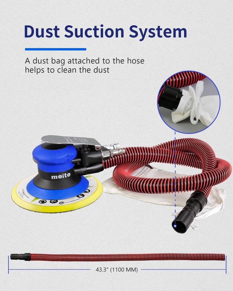 Meite 6" Random Orbital Air Sander - Variable Speed, Low Vibration, Dust Coll.