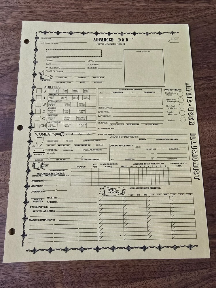AD&D REF2 Player Character Record Sheet Singles Magic-User/Illusionist TSR