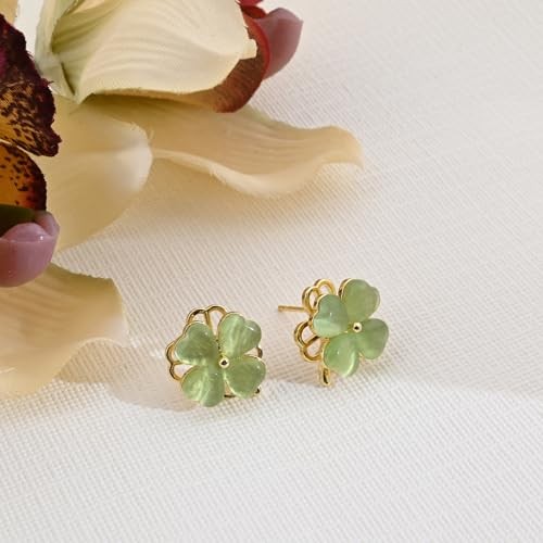Rotatable Four Leaf Clover Earrings Stud Jade Earrings Green Stud Gold
