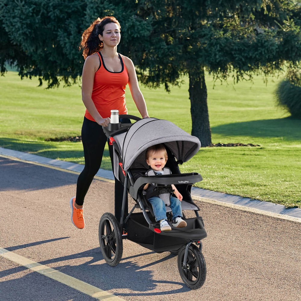 Jogging Stroller Foldable Jogger w/Adjustable Canopy Detachable Tray Cup Holders