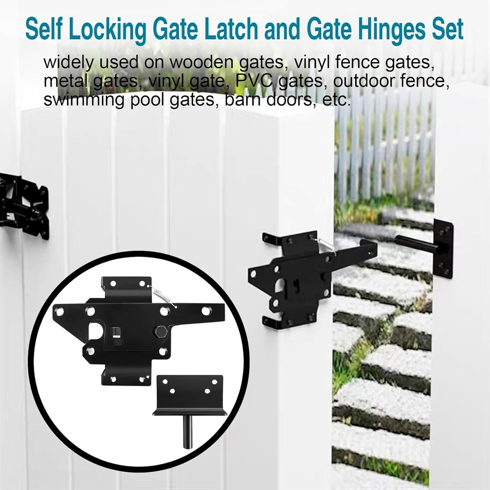 Self Locking Gate Latch and Hinges Set Heavy Duty Hardware for...