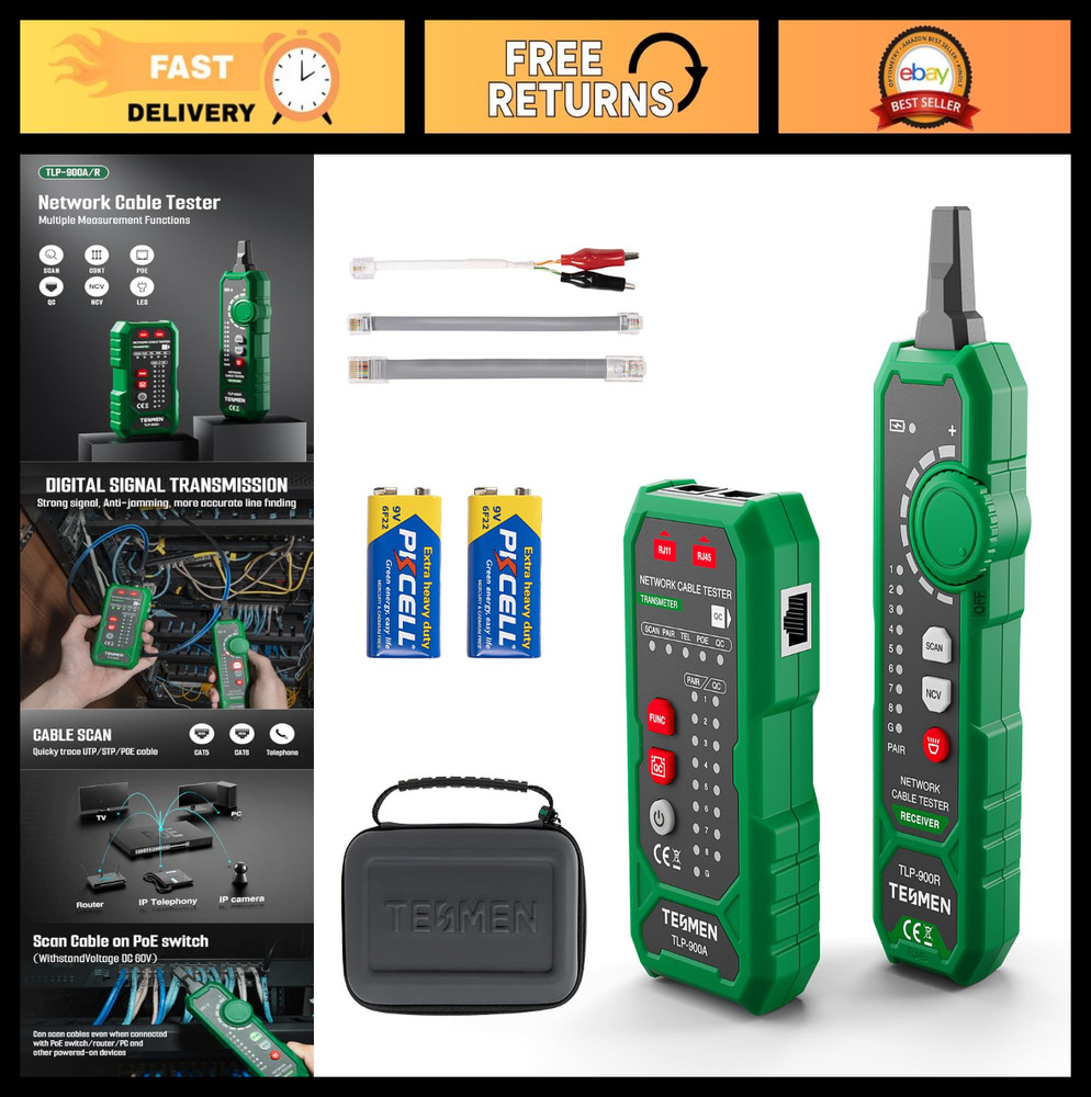 Multi-Function Network Cable Tester RJ11 RJ45 CAT5/6 POE Continuity Tracer - Gre