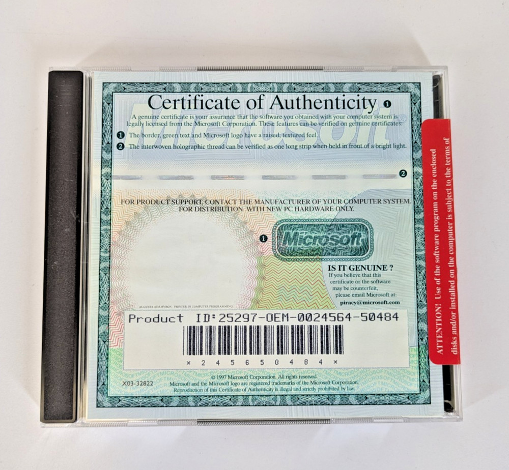 Vintage Computer Microsoft Office 97 Install Disk CD w/ Authenticity Key