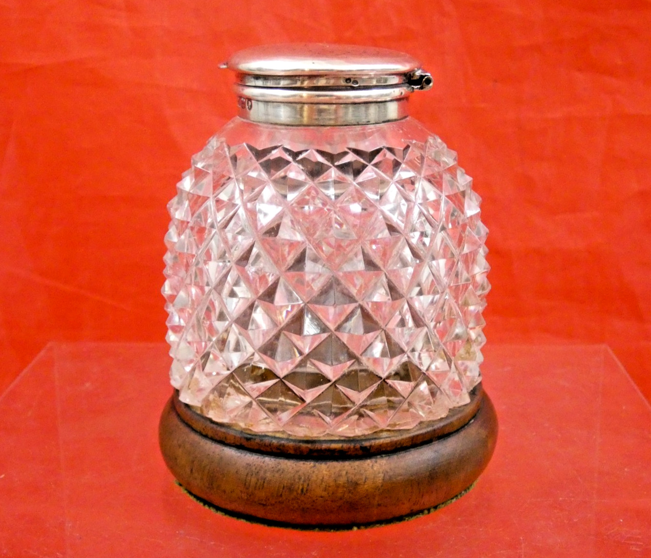 ANTIQUE BRITISH ENGLISH VICTORIAN STERLING SILVER CUT CRYSTAL INKWELL INK STAND