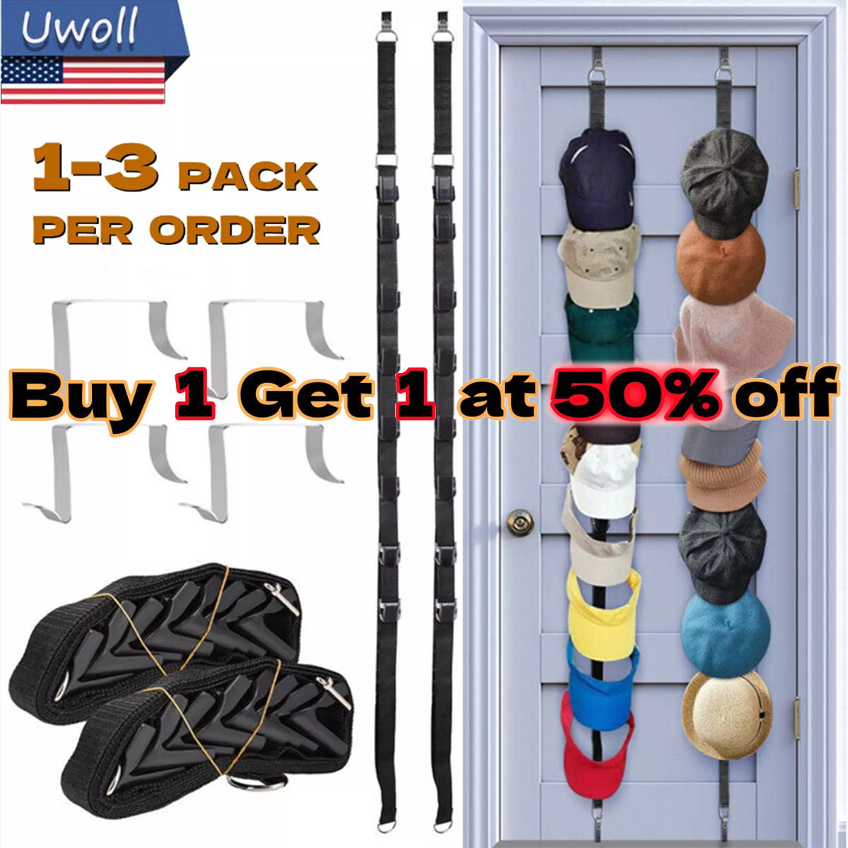 16 Hooks Baseball Cap Hat Closet Rack Wall Door Hanger Holders Storage Organizer