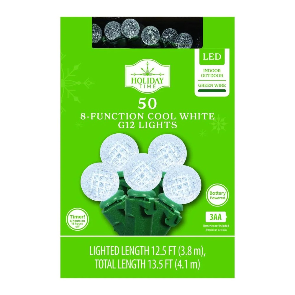 New 50-Count Battery-Operated LED 8-Function G12 Christmas Light Cool White